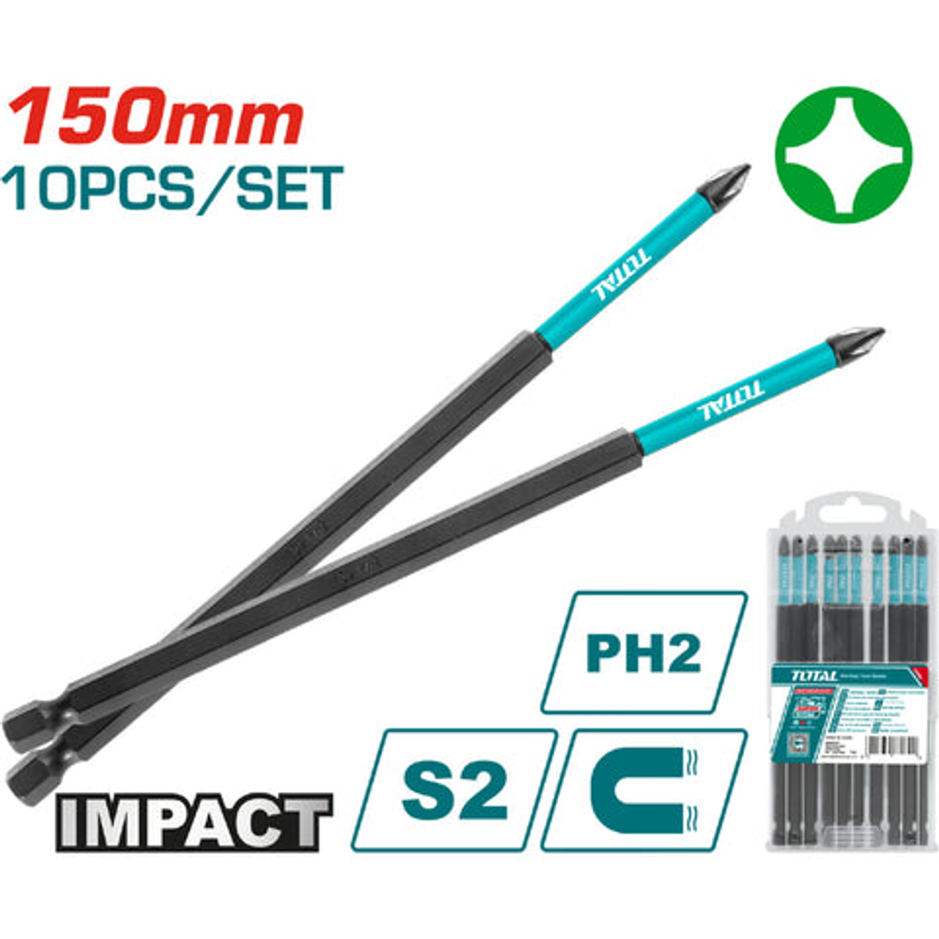 Puntas Taladro Inmantadas Para Destornillador De Impacto + X 10 Pzs 150Mm Industrial Total Tacim16Ph263