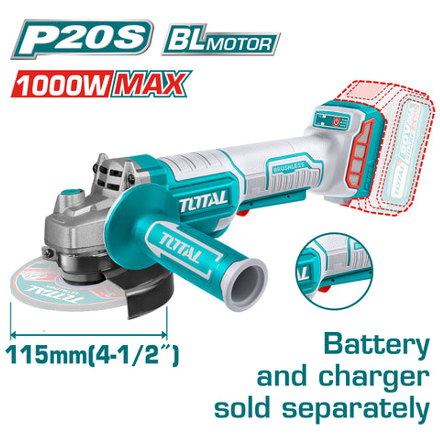 Pulidora inalambrica 4 1/2 20V, Total UTAGLI211156, bateria y cargador no incluido 