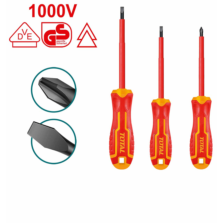 Destornillador Aislado 1000V Industrial Juego X 3 Pzs Total Thtis036