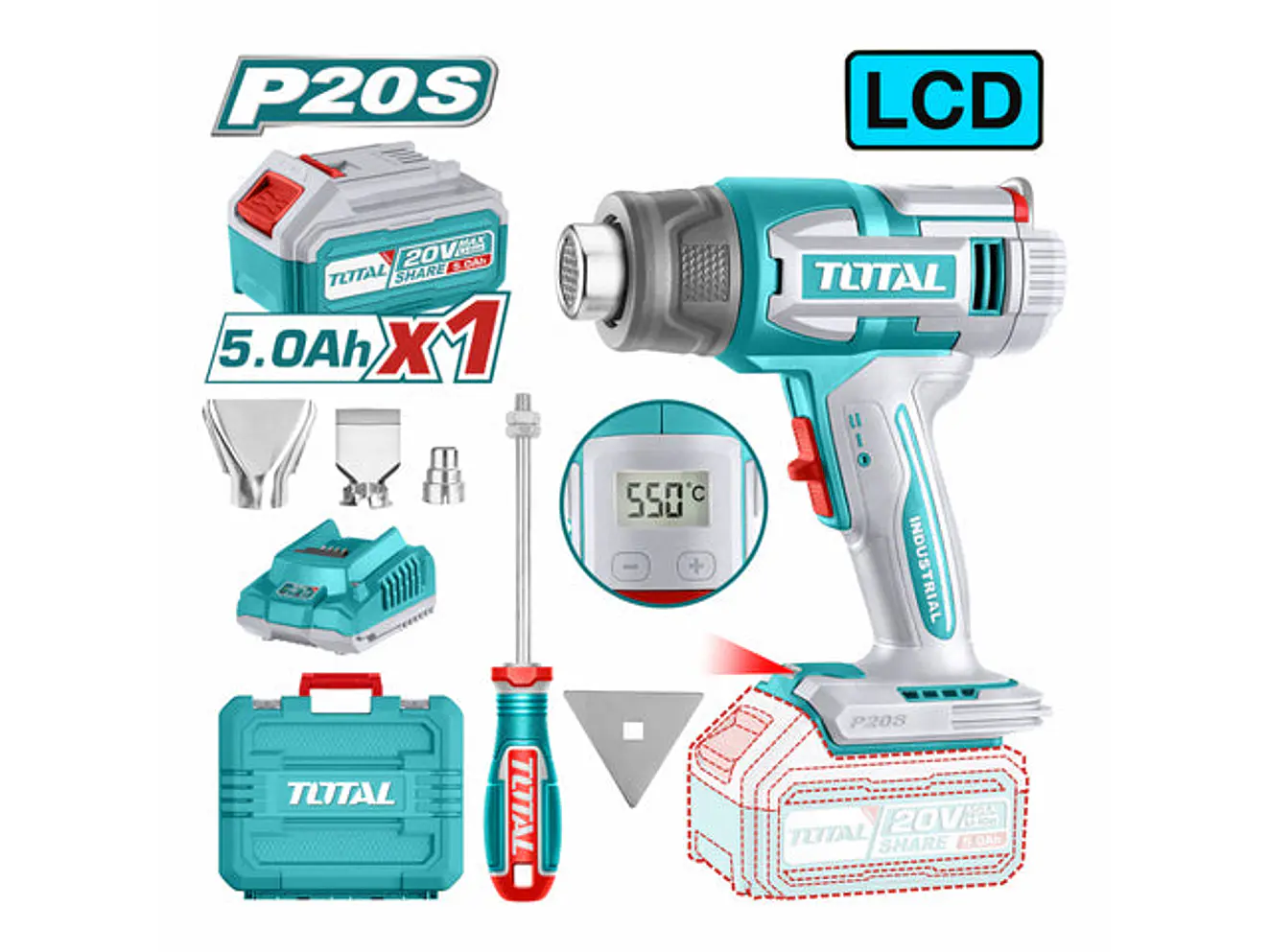 Pistola de Calor Inalámbrica 20V TOTAL UTBLI20035 Industrial Kit 5.0Ah - Foto 1 | aztools.co