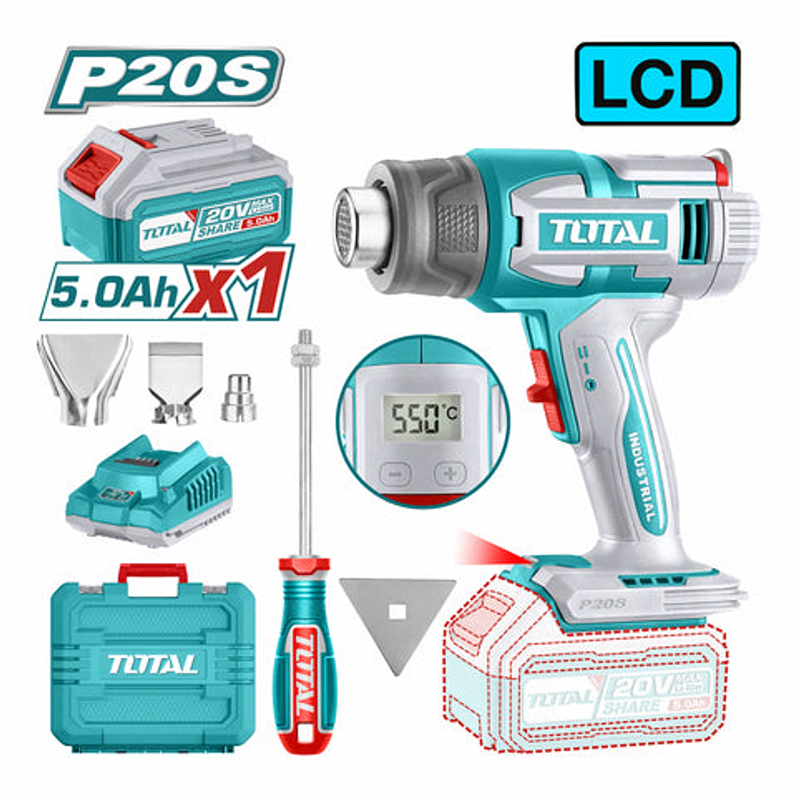 Pistola calor inalambrica 20V Total UTBLI20035, incluye 4 boquillas 1 bateria 5.0Ah y 1 cargador industrial  1