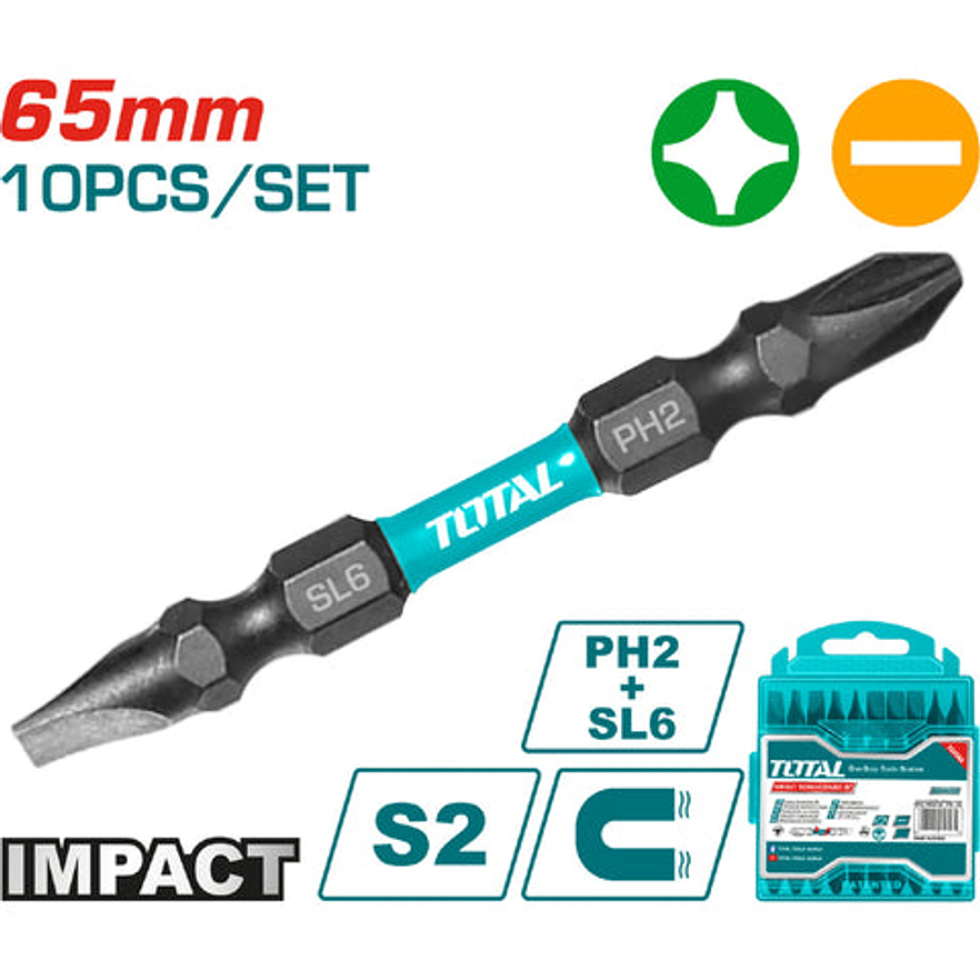 Puntas Taladro Industrial Doble Punta Imantada 65Mm + - Juego X 10 Pzs Industrial Super Total Tacim16Hl133