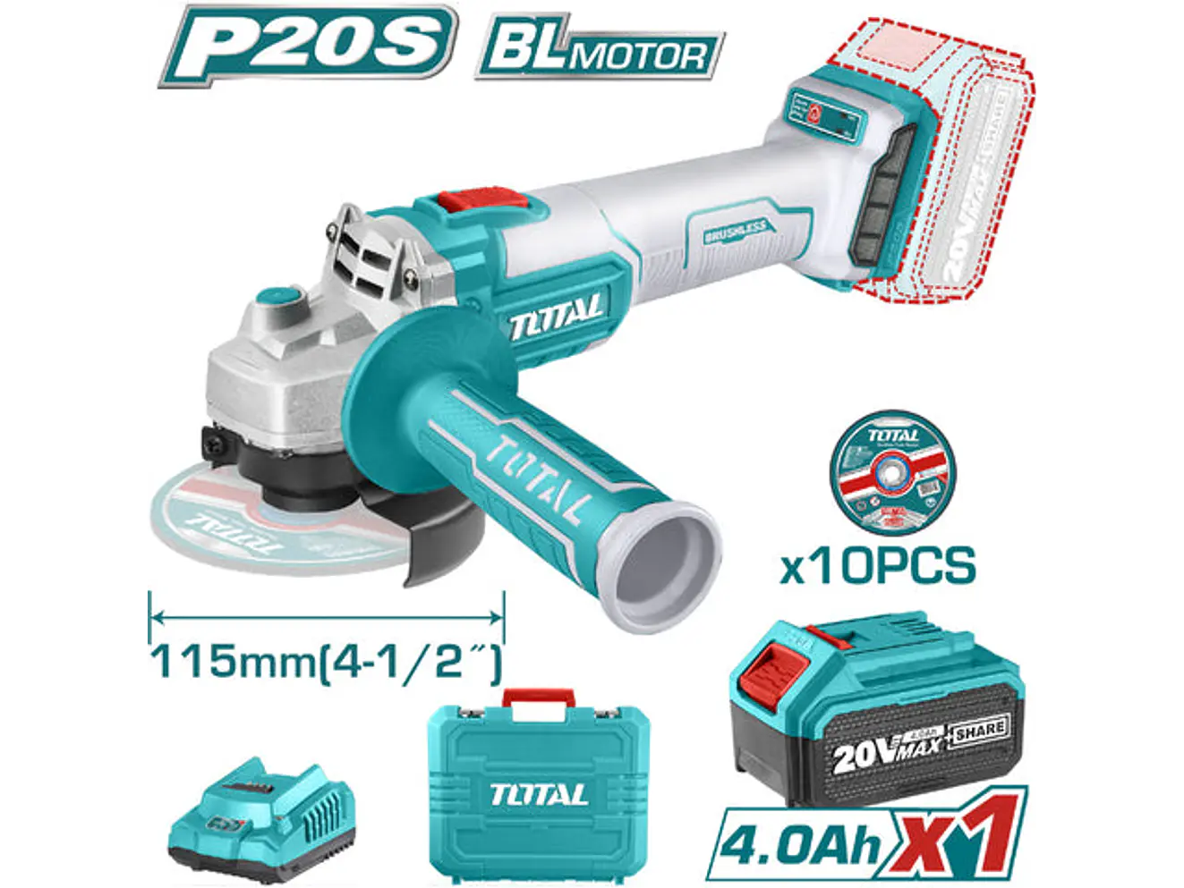 Pulidora Inalambrica 4 1/2 Industrial 20 V 1200W Incluye Bateria 4.0 Ah, Cargador Y 10 Discos, Motor Sin Escobillas Total Utagli2011587 - Envío a todo Colombia | aztools.co