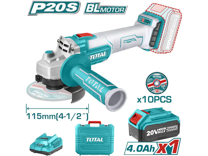 Pulidora Inalambrica 4 1/2 Industrial 20 V 1200W Incluye Bateria 4.0 Ah, Cargador Y 10 Discos, Motor Sin Escobillas Total Utagli2011587 - Envío a todo Colombia | aztools.co