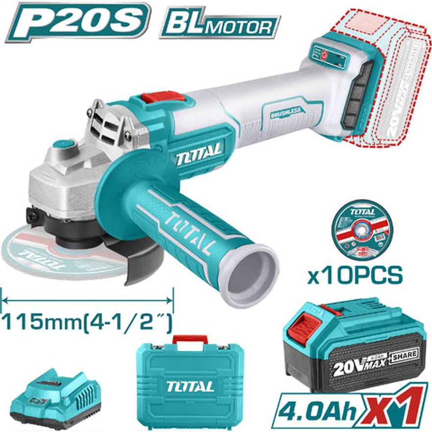 Pulidora Inalambrica 4 1/2 Industrial 20 V 1200W Incluye Bateria 4.0 Ah, Cargador Y 10 Discos, Motor Sin Escobillas Total Utagli2011587 - Envío a todo Colombia | aztools.co