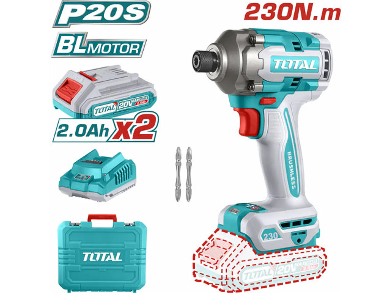 Atornillador De Impacto Inalambrico 1/4 20V 230Nm Incluye 2 Baterias, 2 Punta Taladro Industria Super Total Utirli2023 - Envío a todo Colombia | aztools.co