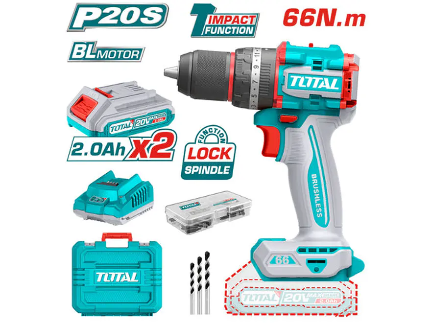 Taladro Percutor Brushless 20V TOTAL UTIDLI20668 Industrial 66Nm + 2 Baterías - Envío a todo Colombia | aztools.co