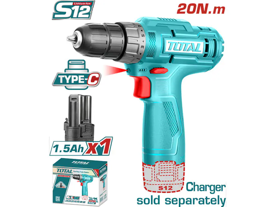 Taladro Atornillador 12V TOTAL TDLI12428 Industrial + Batería 1.5Ah (Sin Cargador) - Foto 1 | aztools.co