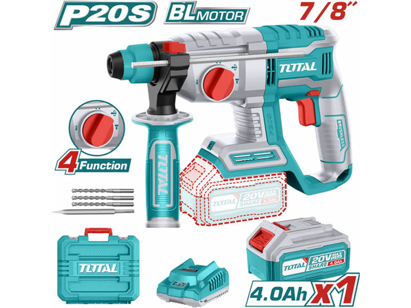 Rotomartillo Brushless 20V TOTAL UTRHLI202081 Industrial 2.0J + Batería 4Ah + Accesorios - Envío a todo Colombia | aztools.co