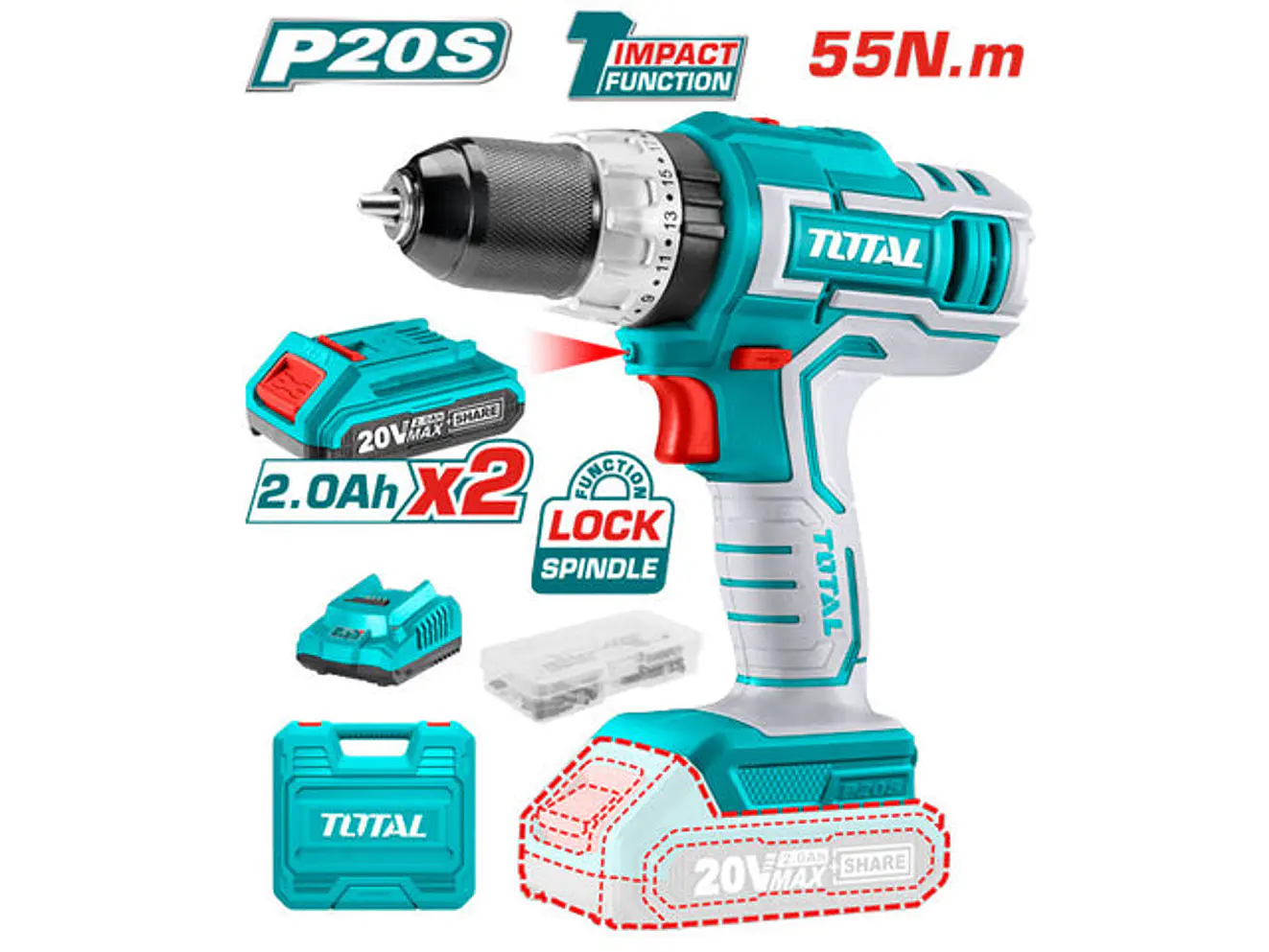 Taladro Inalambrico Percutor 1/2 Industrial Caja Plastica Incluye 2 Baterias 20V Y Brocas Total Utidli20031 - Envío a todo Colombia | aztools.co
