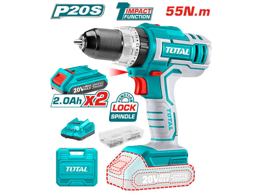 Taladro Inalambrico Percutor 1/2 Industrial Caja Plastica Incluye 2 Baterias 20V Y Brocas Total Utidli20031 - Envío a todo Colombia | aztools.co