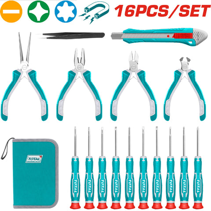 Kit De Herraminetas X 16 Pzs Incluye 10 Destornilladores Relojeros Total Tkttsk0162