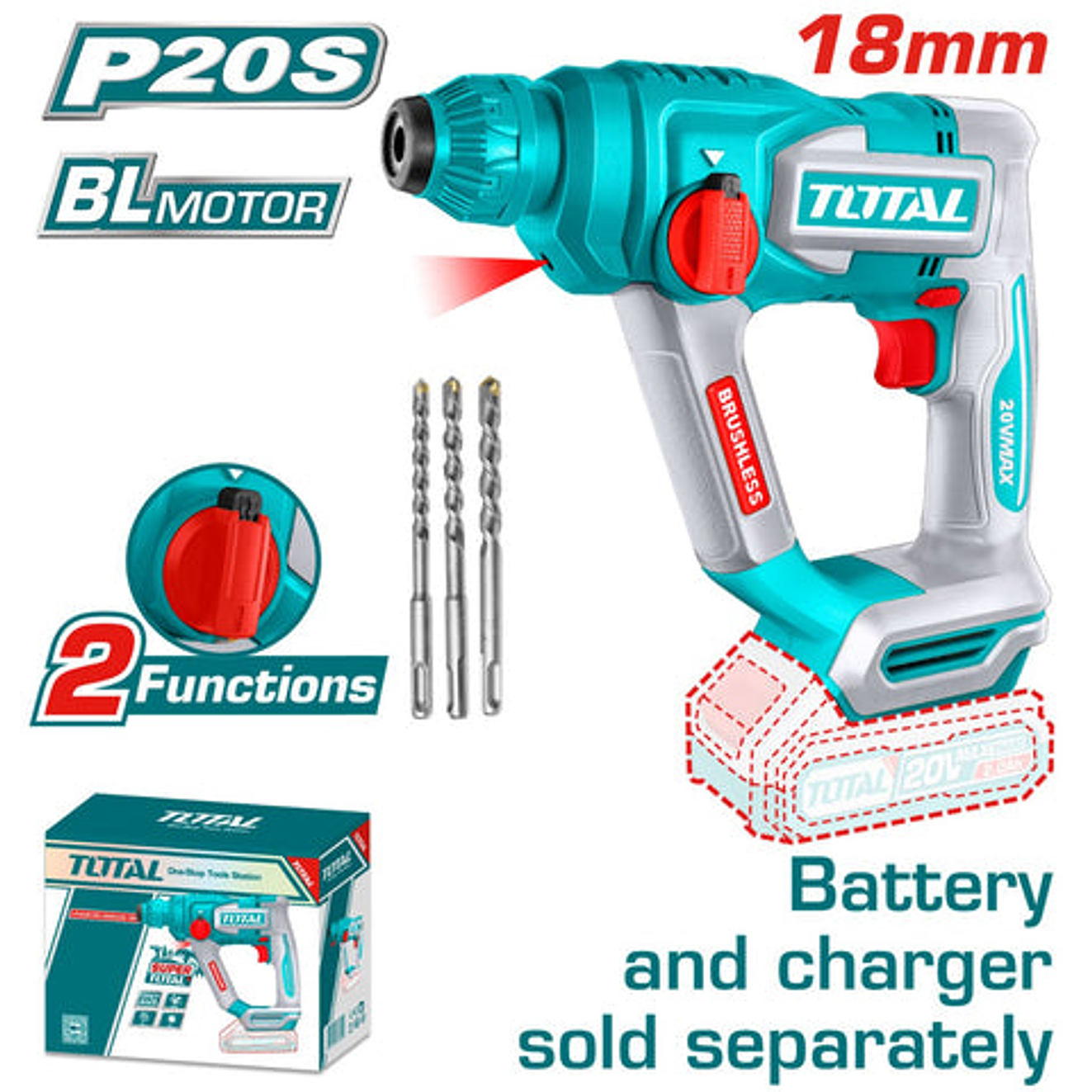 Taladro Inalambrico Rotomartillo Sds Plus 11/16 Bateria Y Cargador No Incluido Super Total Trhli20188