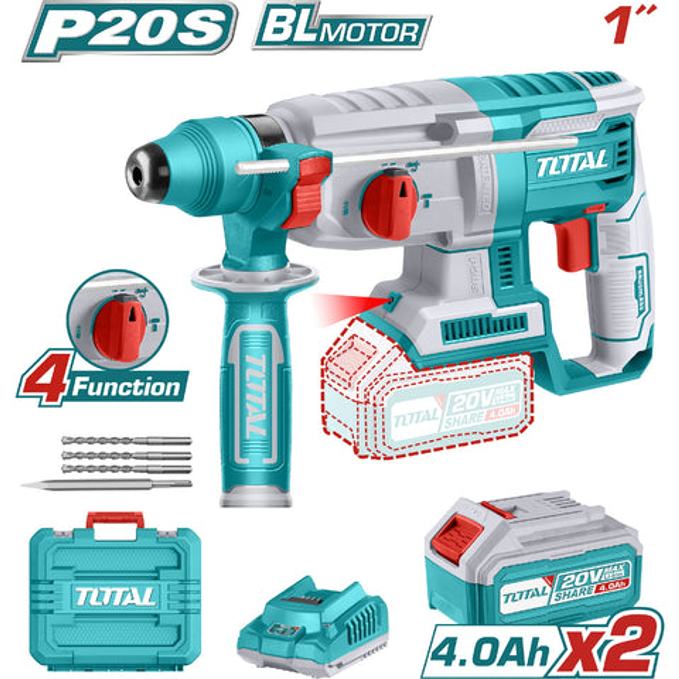 Taladro Rotomartillo 20V Sds Plus 2,5 Jules Incluye 2 Baterias Y 1 Cargador Super Total Utrhli202287