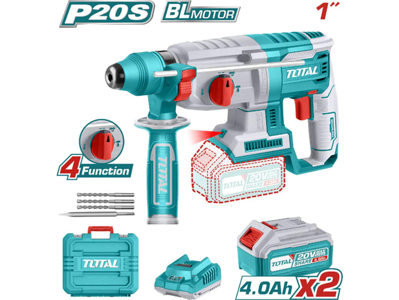 Rotomartillo Brushless 20V TOTAL UTRHLI202287 2.5J + 2 Baterías 4Ah + Cargador - Envío a todo Colombia | aztools.co