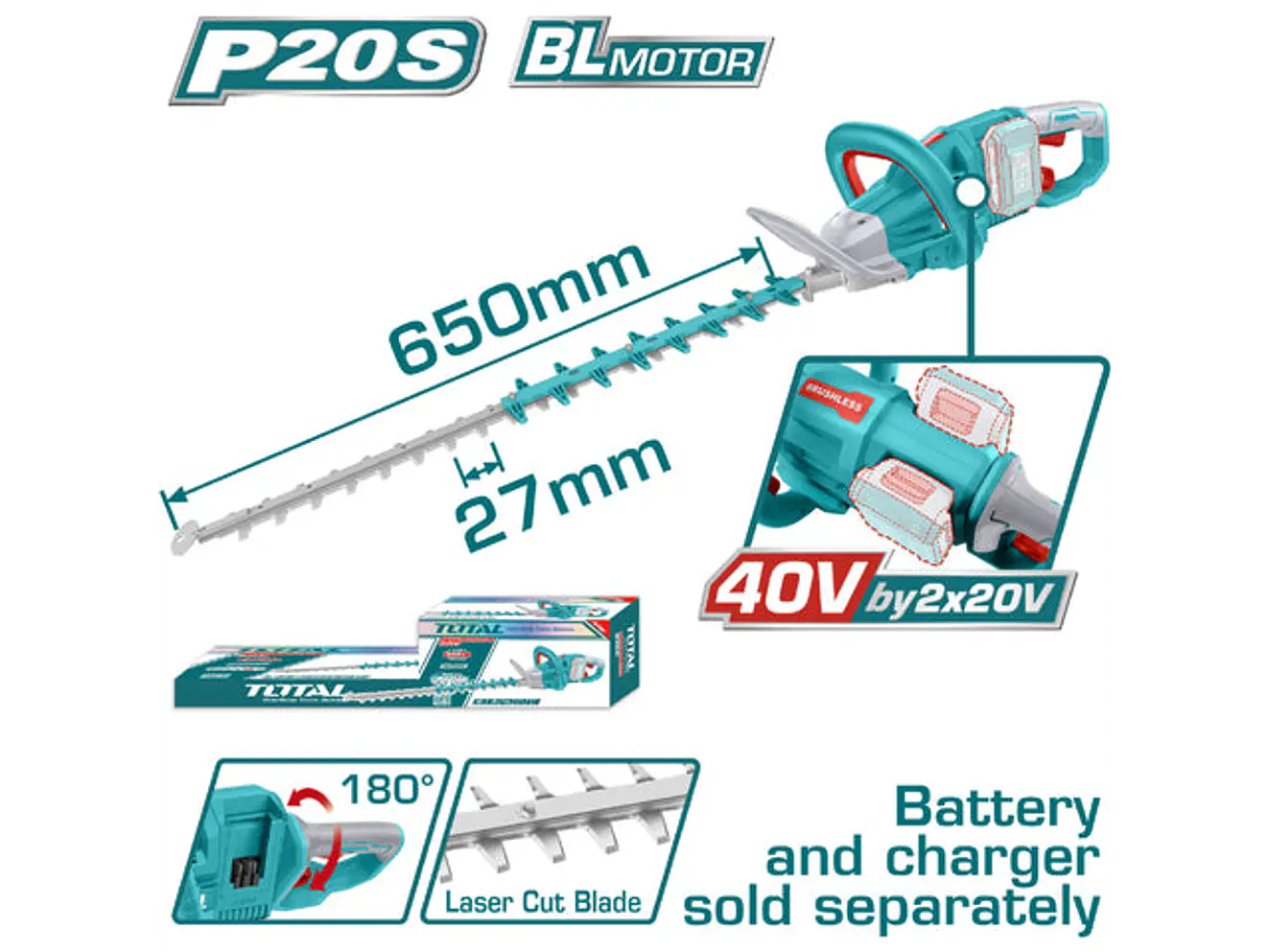 Cortasetos Inalámbrico Industrial TOTAL THTLI40028 40V (Sin Batería/Cargador) - Foto 1 | aztools.co