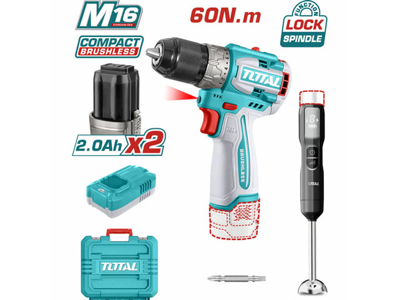 Kit Inalámbrico 16V TOTAL UTCKLI1628 Taladro 60Nm + Batidora de Mano + 2 Baterías - Foto 1 | aztools.co