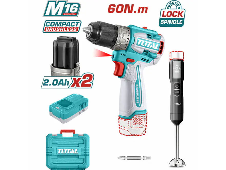 Kit Inalámbrico 16V TOTAL UTCKLI1628 Taladro 60Nm + Batidora de Mano + 2 Baterías - Foto 1 | aztools.co