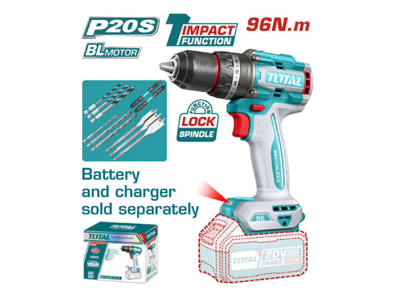 Taladro Percutor Brushless 20V TOTAL TIDLI209681 Industrial 96Nm (Solo Herramienta) - Foto 1 | aztools.co