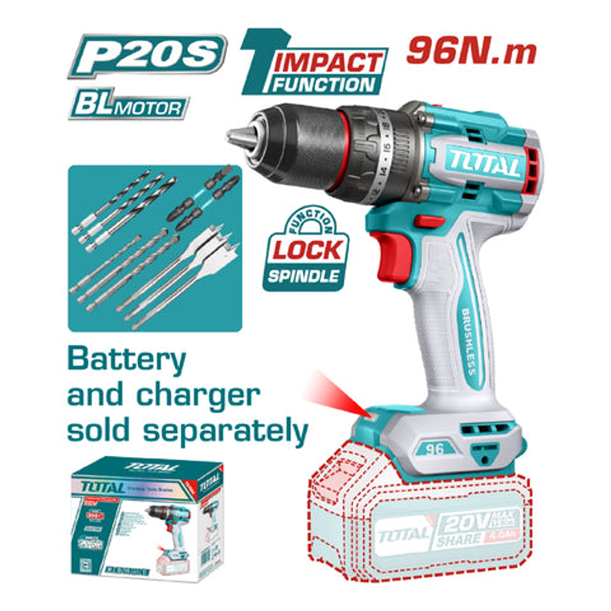 Taladro inalambrico industrial 1/2 20V 96 N.M, Total TIDLI209681, Incluye 11 punta accesprios, bateria y cargador no incluidos 1