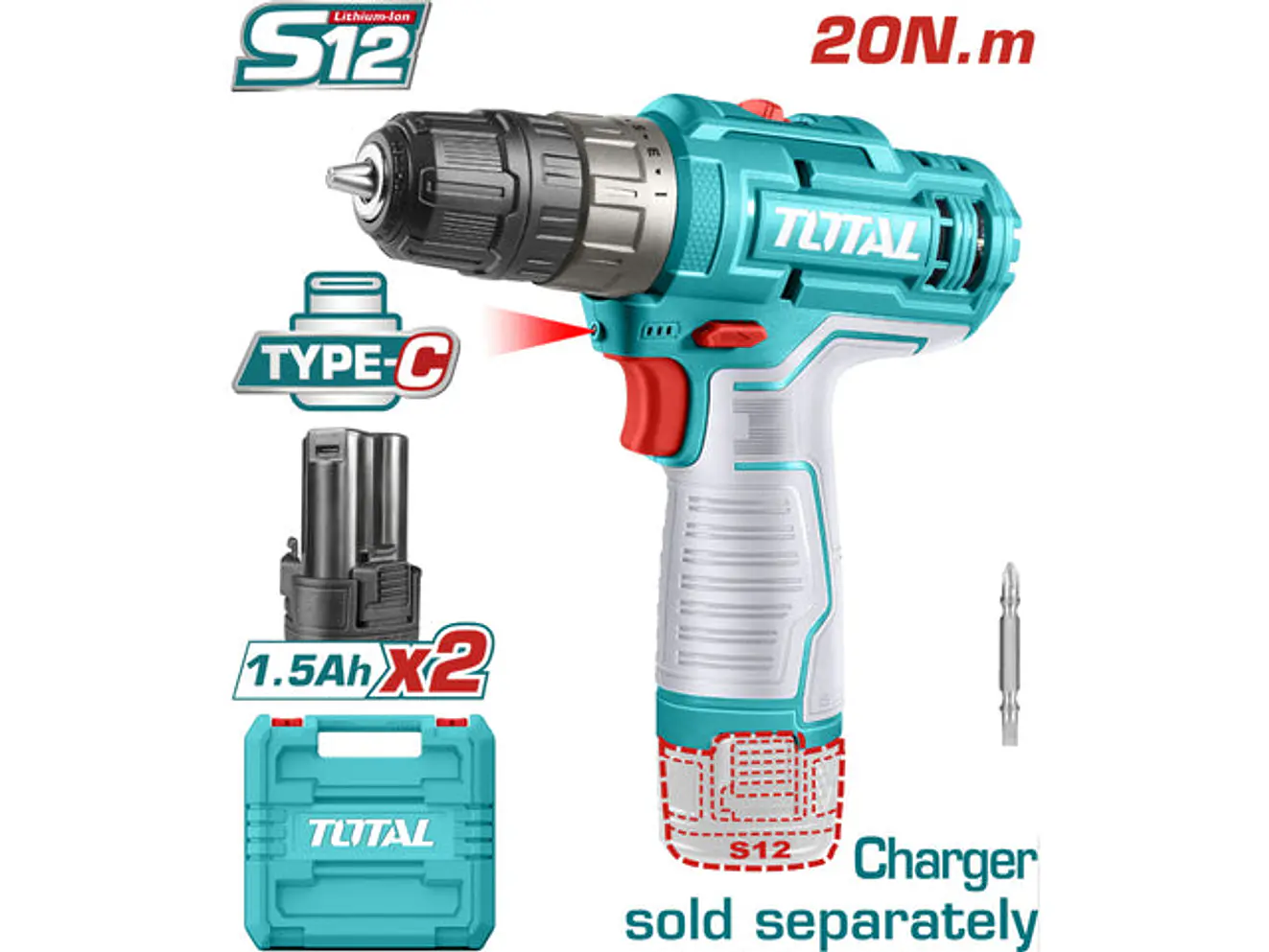 Taladro Atornillador 12V TOTAL TDLI12202 Industrial + 2 Baterías Litio (Sin Cargador) - Envío a todo Colombia | aztools.co