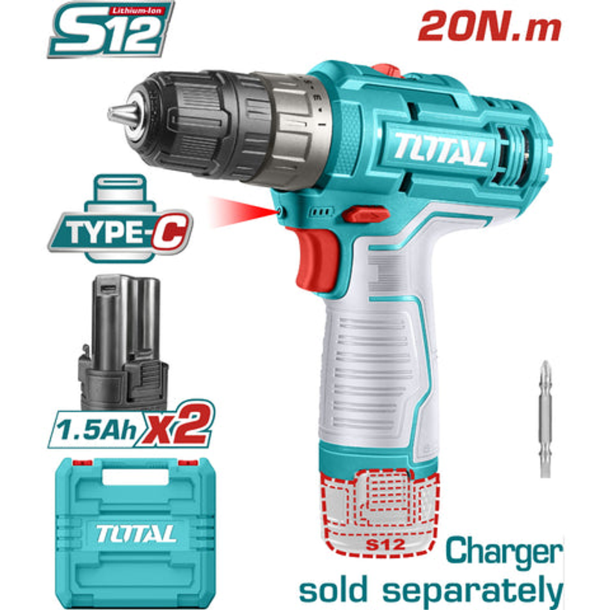 Taladro Inalambrico 3/8 12V Incluye Dos Baterias Ion De Litio Cargador No Incluido Total Tdli12202