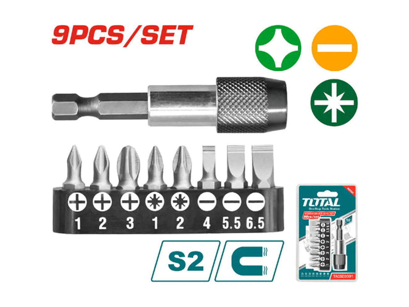 Juego De Puntas Destornillador Imantadas X9Pcs Con Adaptador Total Tacsd3091 - Envío a todo Colombia | aztools.co