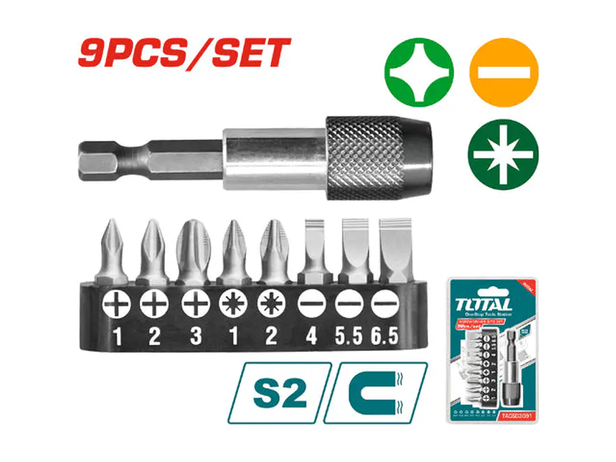 Juego De Puntas Destornillador Imantadas X9Pcs Con Adaptador Total Tacsd3091 - Envío a todo Colombia | aztools.co