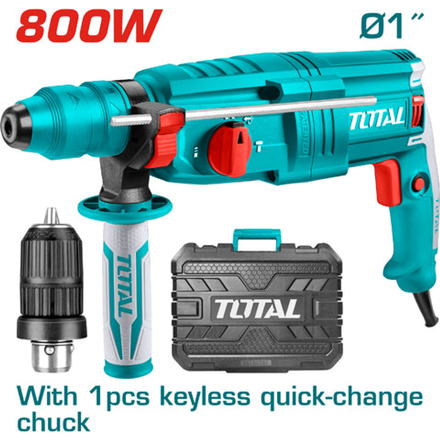 Taladro Rotomartillo Sds Plus 800W 120V Caja Plastica Incluye Mandril 3 Brocas 2 Cinceles Total Uth308268-2