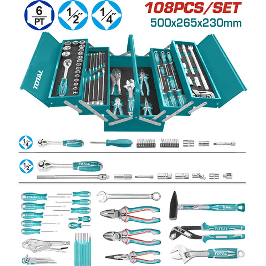 Caja De Herramientas Incluye 108 Pzs Industrial Metalica Total Thtcs121081