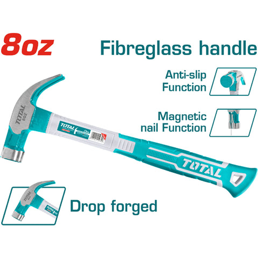 Martillo 8 Oz Mango De Fibra De Vidrio Industrial Total Thtch0086