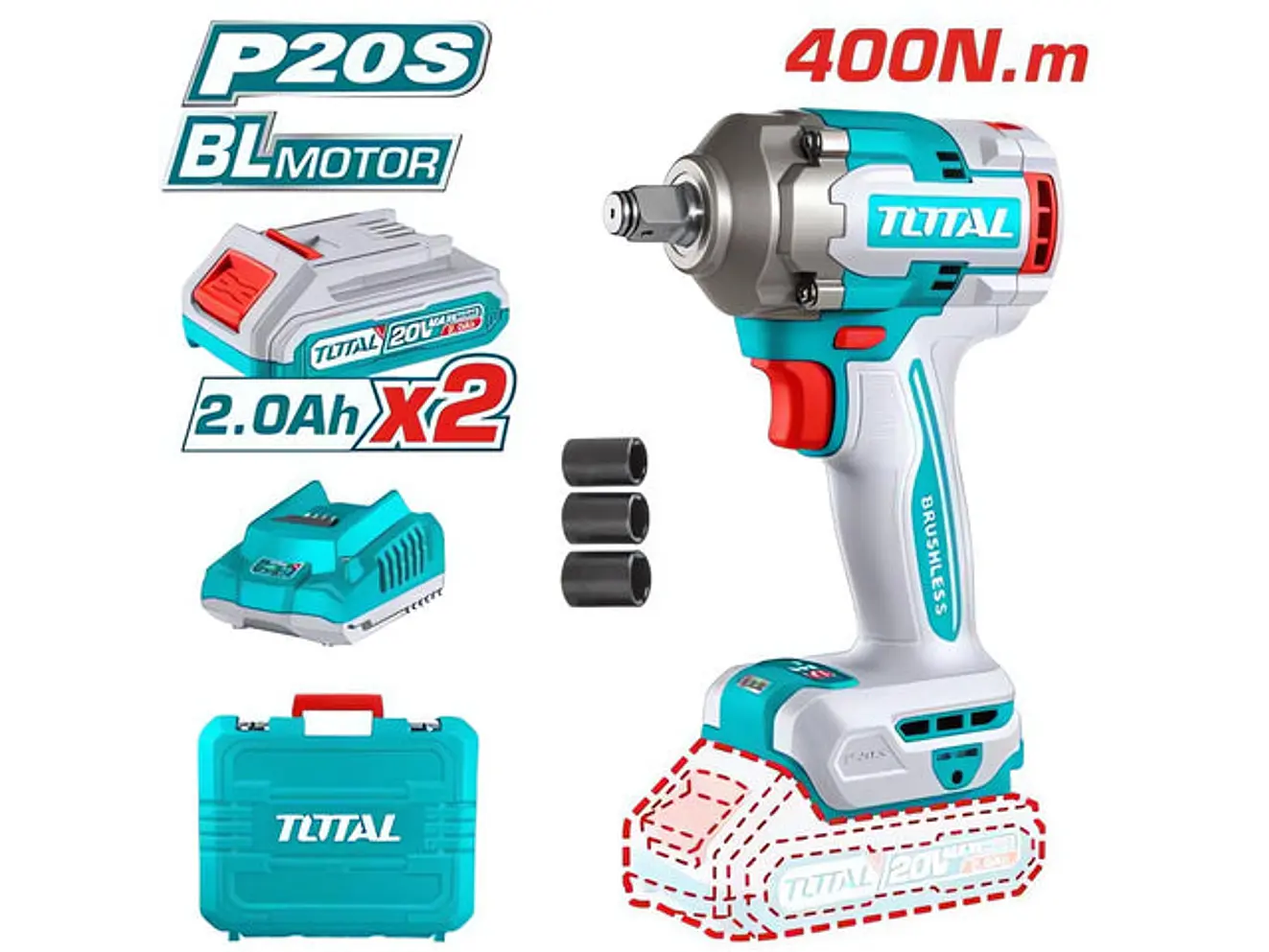 Pistola Impacto Inalambrico 1/2 20V 400Nm Incluye 2 Baterias 1 Cargador Y 3 Copas 17,19,21 Mm Industrial Total Utiwli2040 - Envío a todo Colombia | aztools.co
