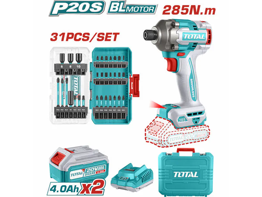 Atornillador De Impacto Inalambrico 1/4 20V 285Nm + Juego De Puntas X 31 Pzs Incluye 2 Baterias 4.0Ah Y Cargador Industrial Super Total Utosli240966 - Envío a todo Colombia | aztools.co