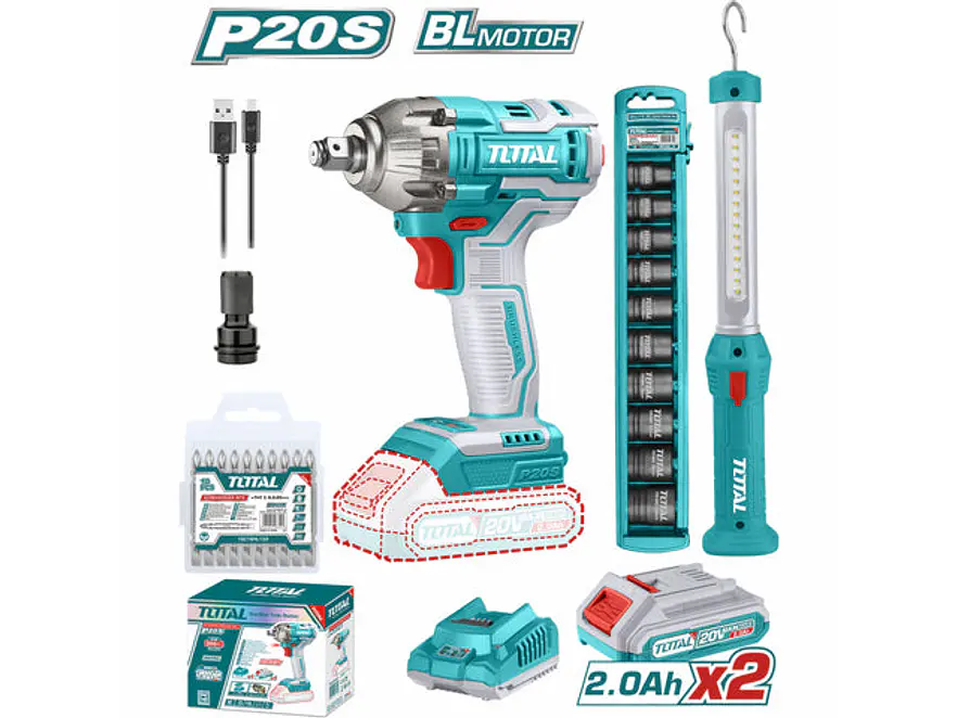 Pistola Impacto Inalambrica 1/2 20V 300 Nm Incluye 2 Baterias 1 Cargador 1 Lampara De Trabajo 1 Adaptador Y 10 Puntas Taladro Total Utosli231004 - Envío a todo Colombia | aztools.co