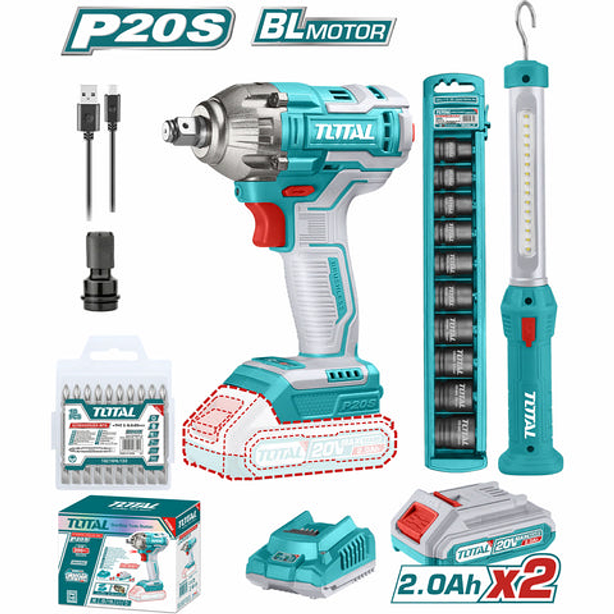 Pistola Impacto Inalambrica 1/2 20V 300 Nm Incluye 2 Baterias 1 Cargador 1 Lampara De Trabajo 1 Adaptador Y 10 Puntas Taladro Total Utosli231004
