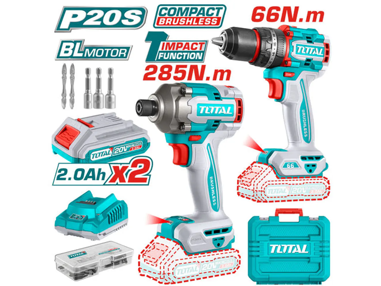 Combo Brushless 20V TOTAL UTCKLI20277 Taladro 66Nm + Atornillador de Impacto 285Nm - Foto 1 | aztools.co