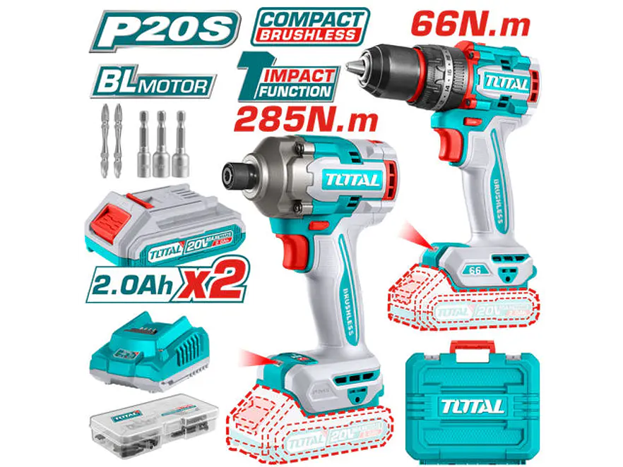 Combo Brushless 20V TOTAL UTCKLI20277 Taladro 66Nm + Atornillador de Impacto 285Nm - Foto 1 | aztools.co