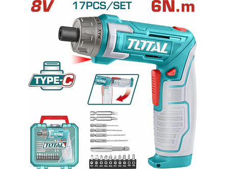 Atornillador Inalámbrico 8V TOTAL TSDLI08025 Industrial 6Nm Kit 17 Piezas - Foto 1 | aztools.co