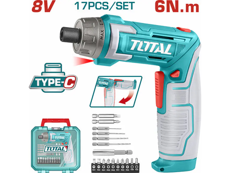Atornillador Inalámbrico 8V TOTAL TSDLI08025 Industrial 6Nm Kit 17 Piezas - Foto 1 | aztools.co