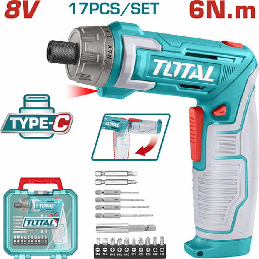 Atornillador Inalambrico 8V, Total TSDLI08025,  6N.M Estuche Plastico, 17 Piezas  - Foto 1 | aztools.co