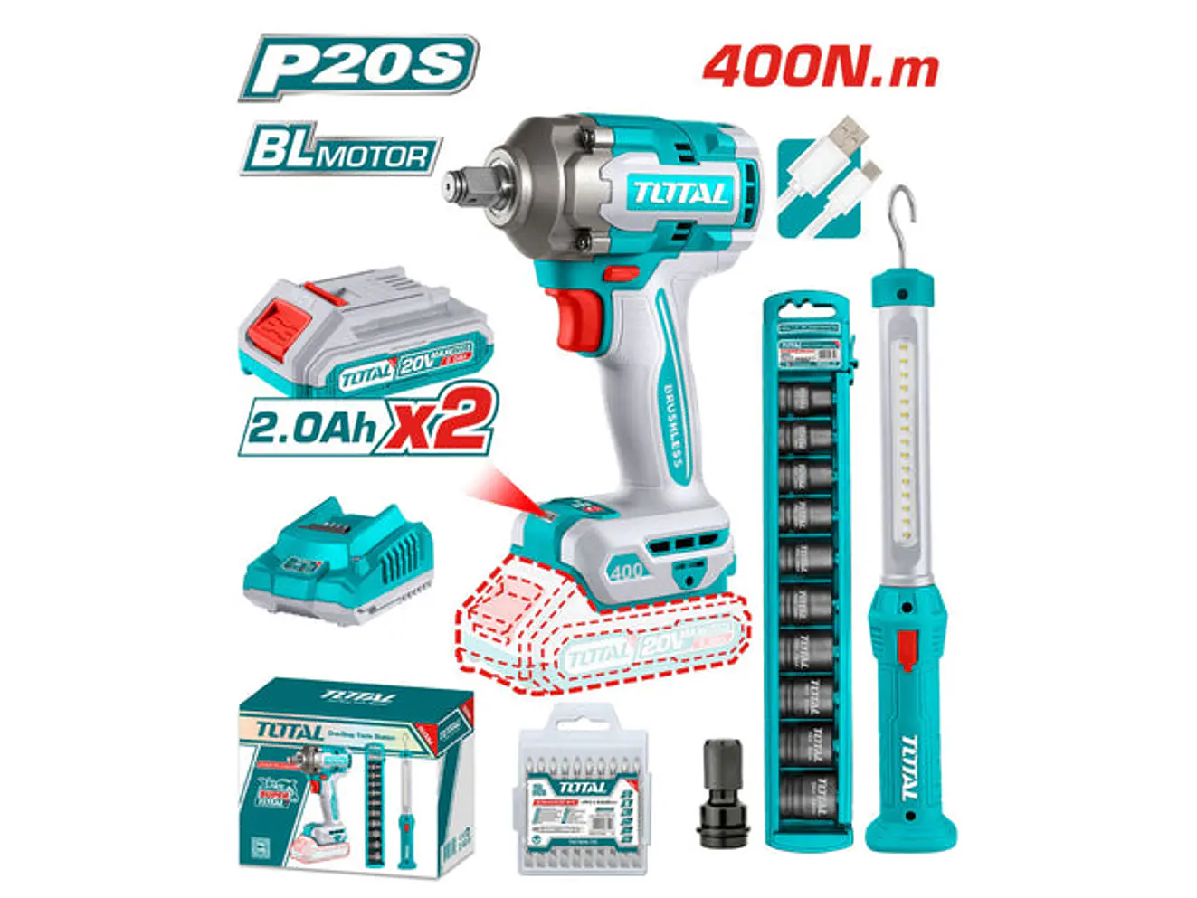 Pistola Impacto Inalambrica 1/2 20V 400 Nm Incluye 2 Baterias 1 Cargador 1 Lampara De Trabajo 1 Adaptador , Copas Y 10 Puntas Taladro Super Total Utosli23048 - Envío a todo Colombia | aztools.co