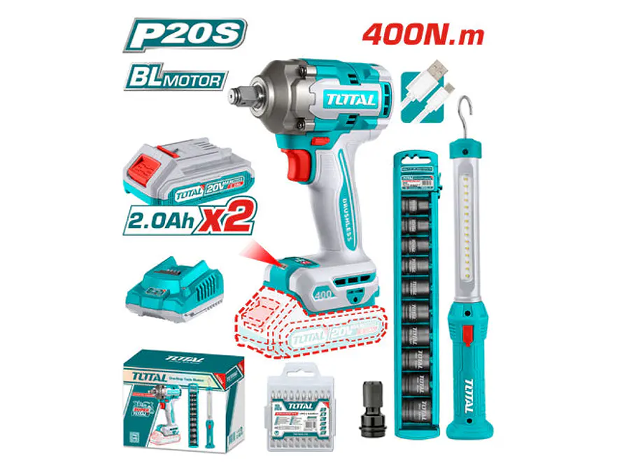 Pistola Impacto Inalambrica 1/2 20V 400 Nm Incluye 2 Baterias 1 Cargador 1 Lampara De Trabajo 1 Adaptador , Copas Y 10 Puntas Taladro Super Total Utosli23048 - Envío a todo Colombia | aztools.co