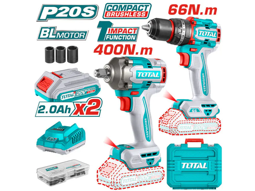 Combo Brushless 20V TOTAL UTCKLI20275 Taladro 66Nm + Llave de Impacto 400Nm - Foto 1 | aztools.co
