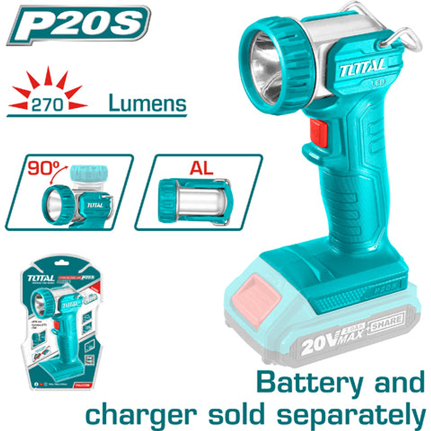 Linterna Inalambrica 270 Lumenes 20V Industrial Bateria Y Cargador No Incluido Super Total Twli2038