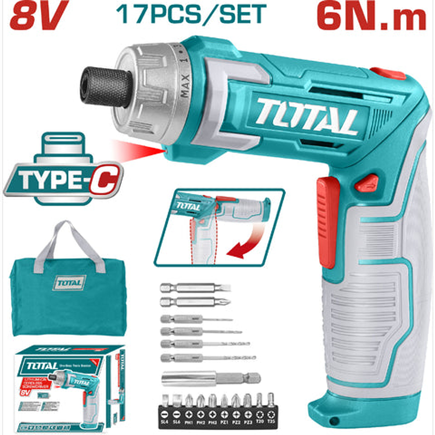 Atornillador Inalambrico 8V Total TSDLI0802, Estuche Plastico + 17 Piezas  - Envío a todo Colombia | aztools.co