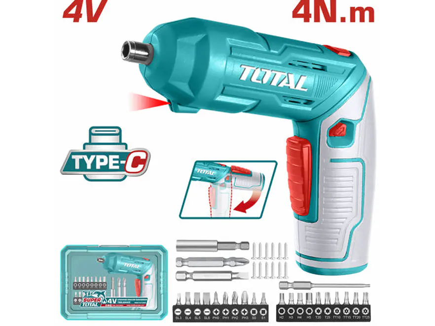 Atornillador Inalámbrico 4V TOTAL TSDLI04425 Kit 24 Piezas + Estuche - Foto 1 | aztools.co