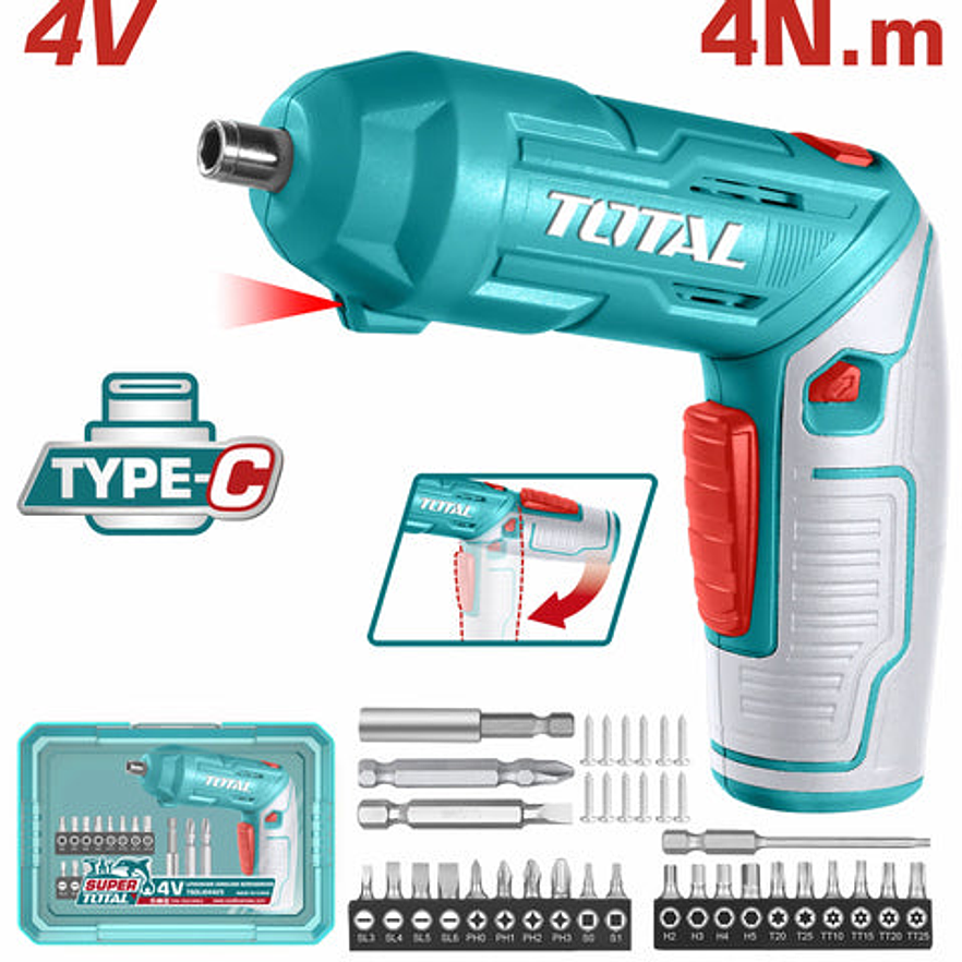 Atornillador Inalambrico 4V Total Tsdli04425, Estuche Plastico + 20 Puntas Taladro De 25Mm, 2 De 50Mm, 1 Broca Y Conector  - Foto 1 | aztools.co