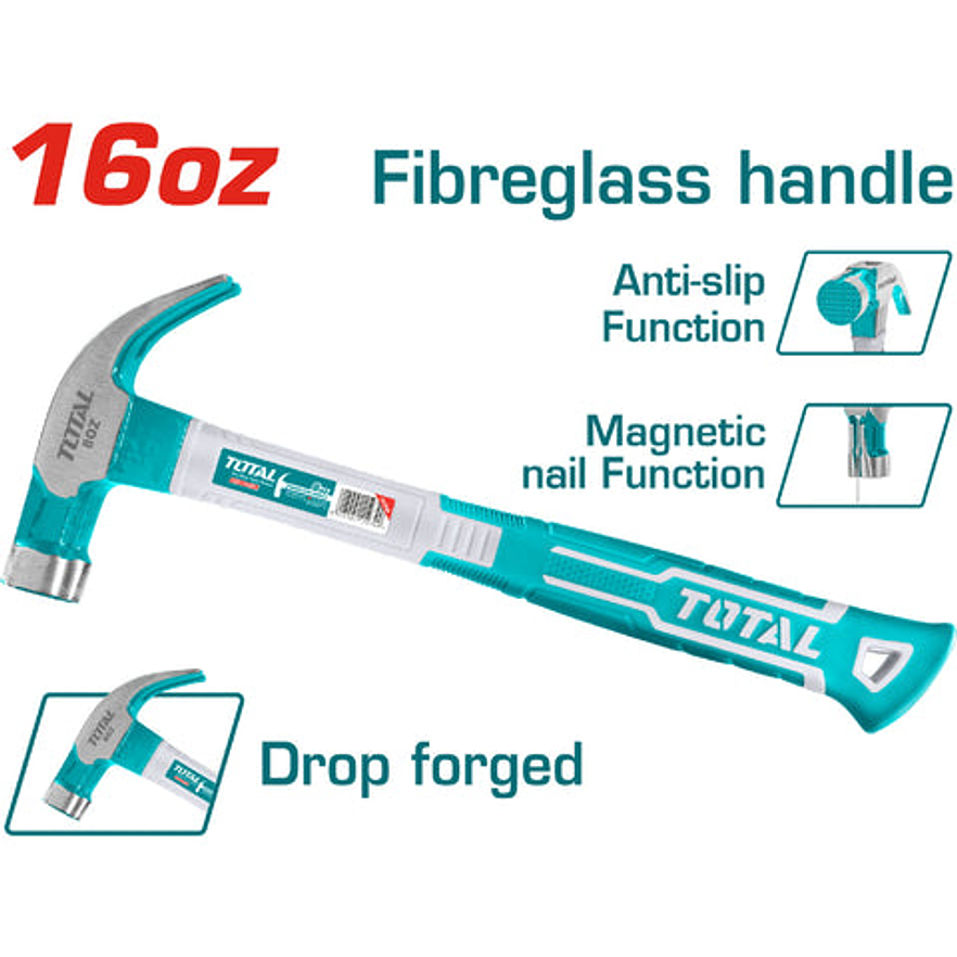 Martillo 16 Oz Industrial Metalico Mango Fibra De Vidrio Total Thtch0166