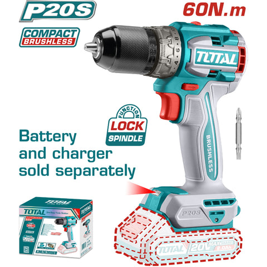 Taladro Inalambrico 1/2 20V Cargador Y Bateria No Incluido Super Total Tdli206021