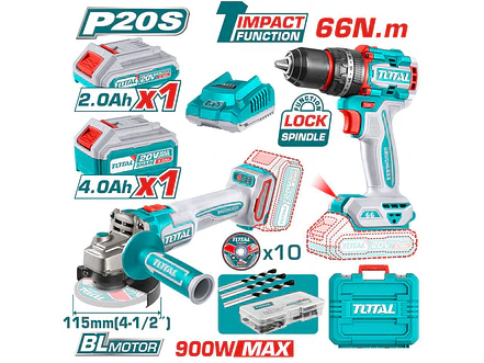 Combo Brushless 20V TOTAL UTCKLI20273 Taladro 66Nm + Pulidora 4 1/2